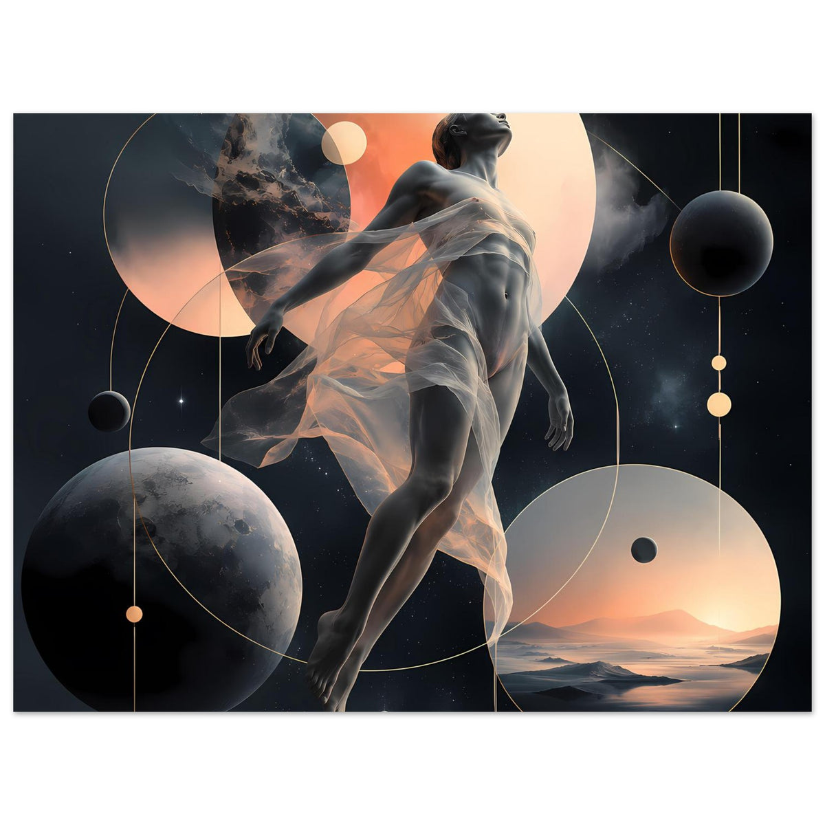 Poster (Ausschnitt) mit abstrakter Figur, großen Kreisen, Planeten und schwebenden Kugeln