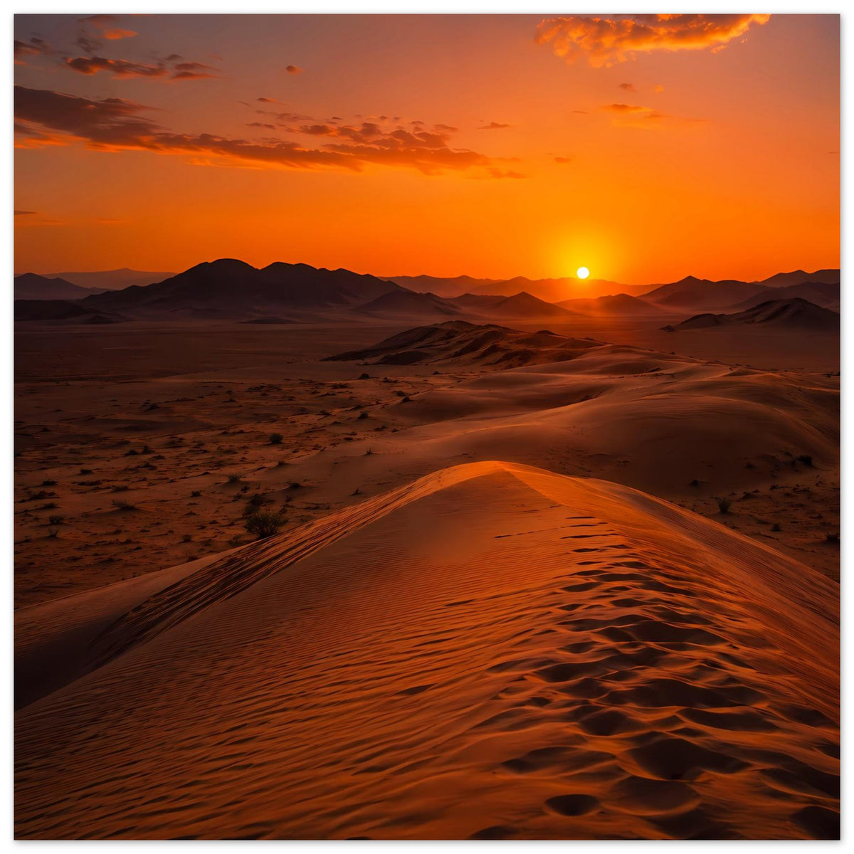 Poster mit Wüstenlandschaft bei Sonnenuntergang, leuchtende Sonne und markante Dünenlinien