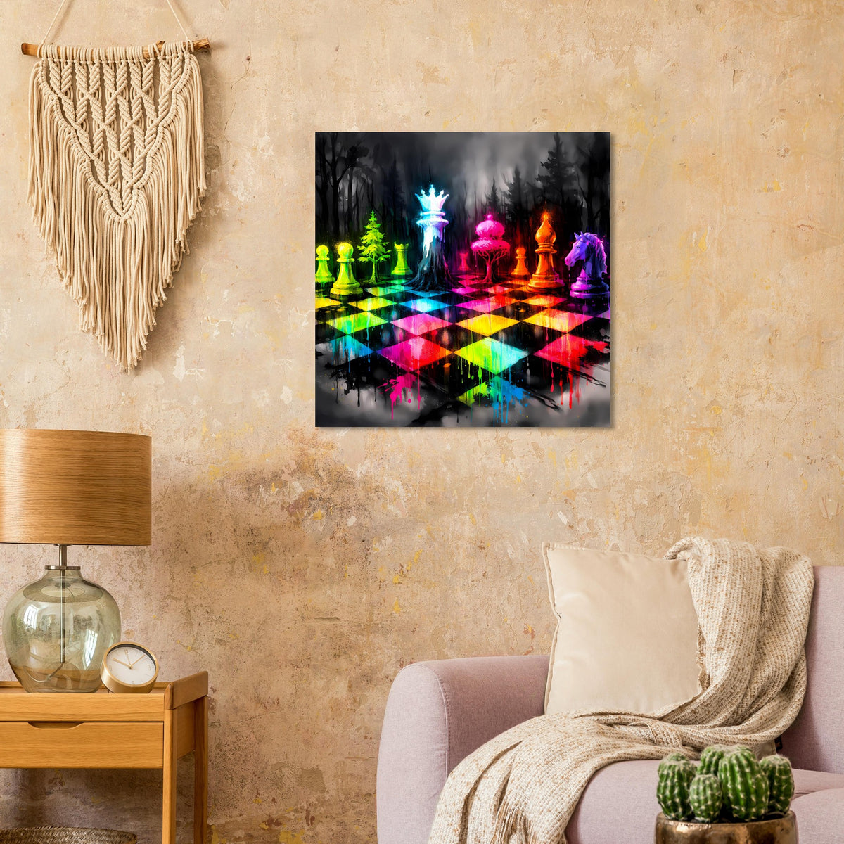 Quadratisches Schachspiel-Poster mit farbigen Neon-Schachfiguren und spiegelnder Schachfläche