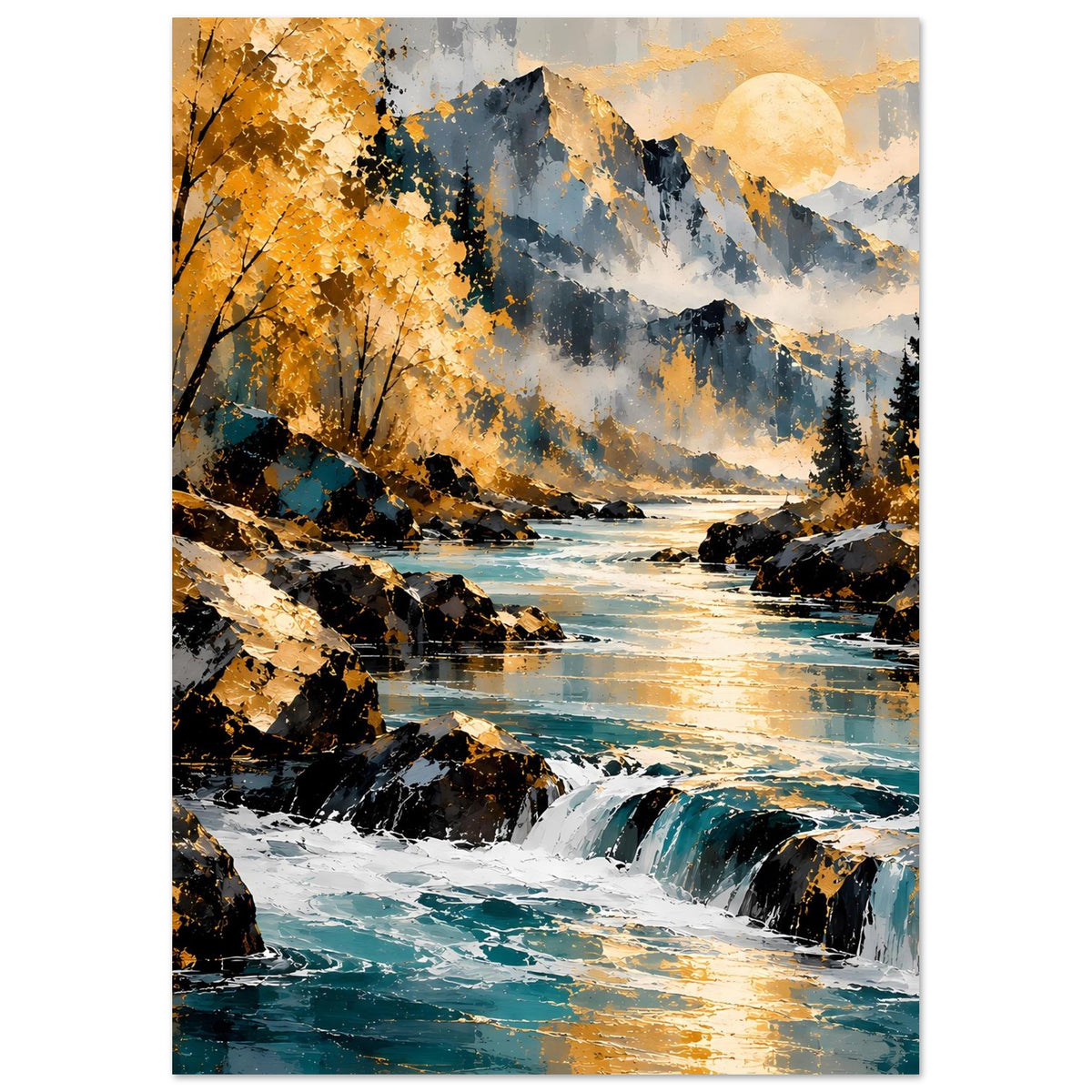 Hochkantposter mit Herbstlandschaft: Flussufer, Wasserfall, goldene und dunkle Bäume