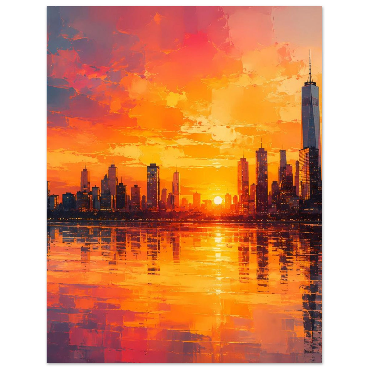 Poster mit leuchtender Großstadt-Skyline im Sonnenuntergang und Wasserspiegelung