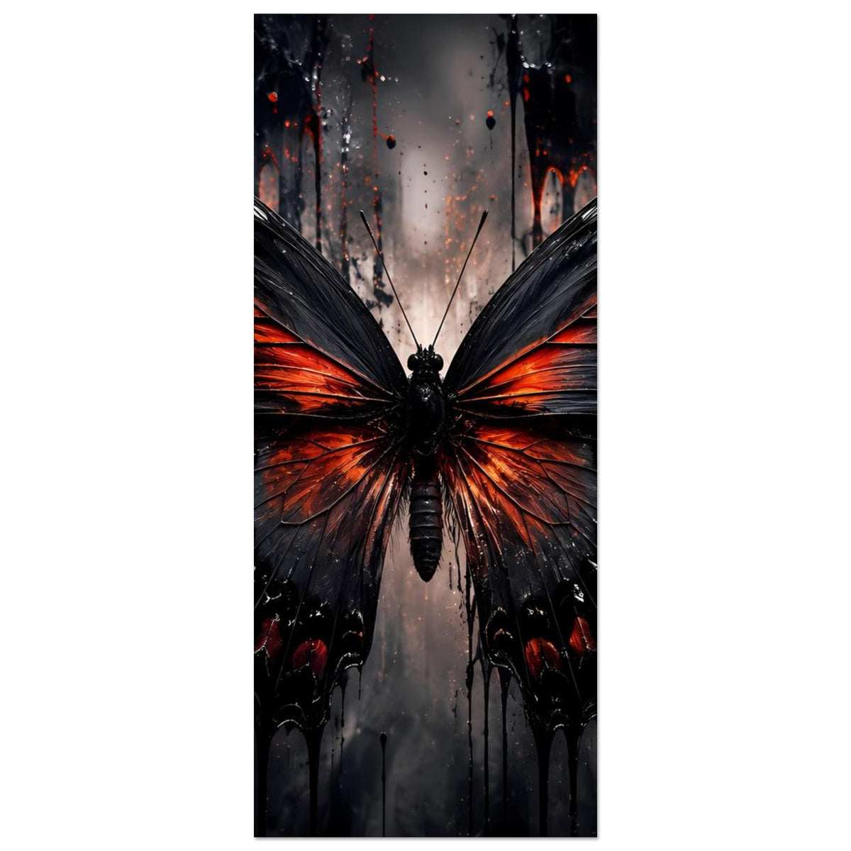 Schmetterlingsposter im Hochformat: schwarzer Schmetterling mit orange-roten Farbakzenten