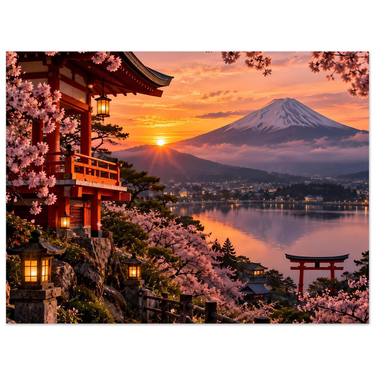 Horizontales Poster mit japanischem Tempel, Kirschblütenzweigen und Berg Fuji im Sonnenuntergang