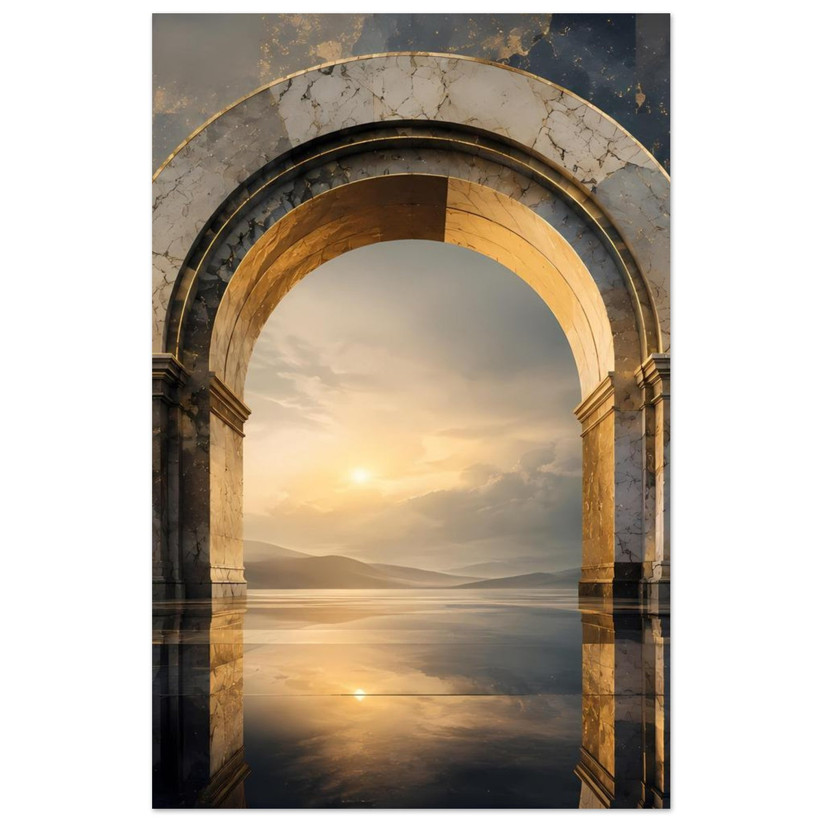Antikes Poster mit gewölbtem Marmorbogen und Sonnenaufgang über See