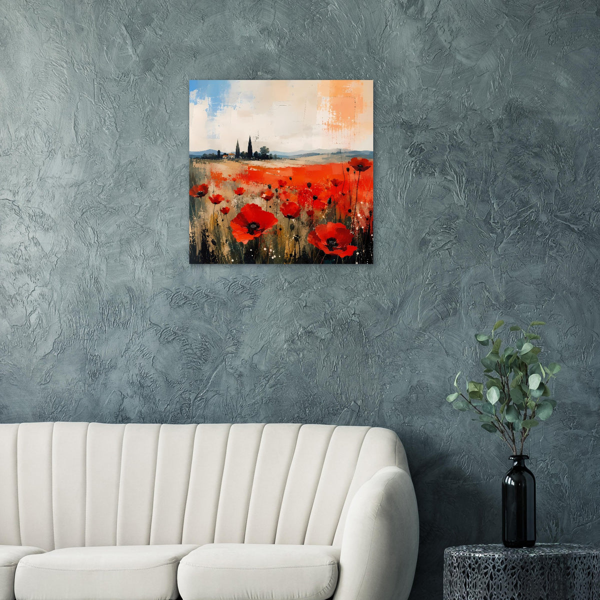 Wandposter im Quadrat mit abstrakter Landschaft, roten Mohnblumen und ruhigem Horizont