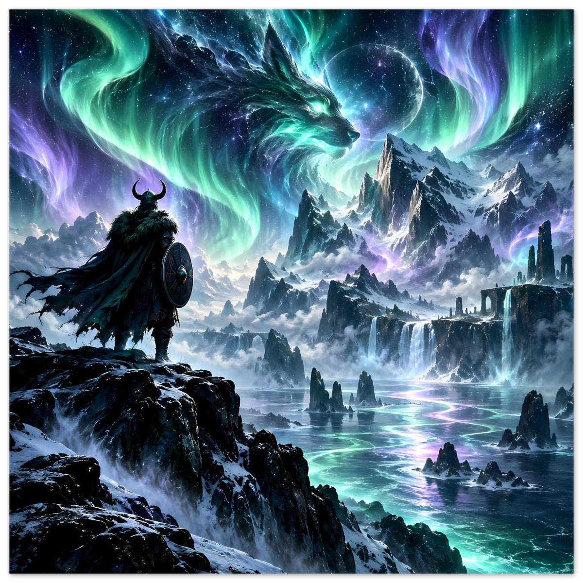 Fantasy-Poster im Hochformat: Polar-Drache über eisiger Landschaft, Nordlicht über Ruinen
