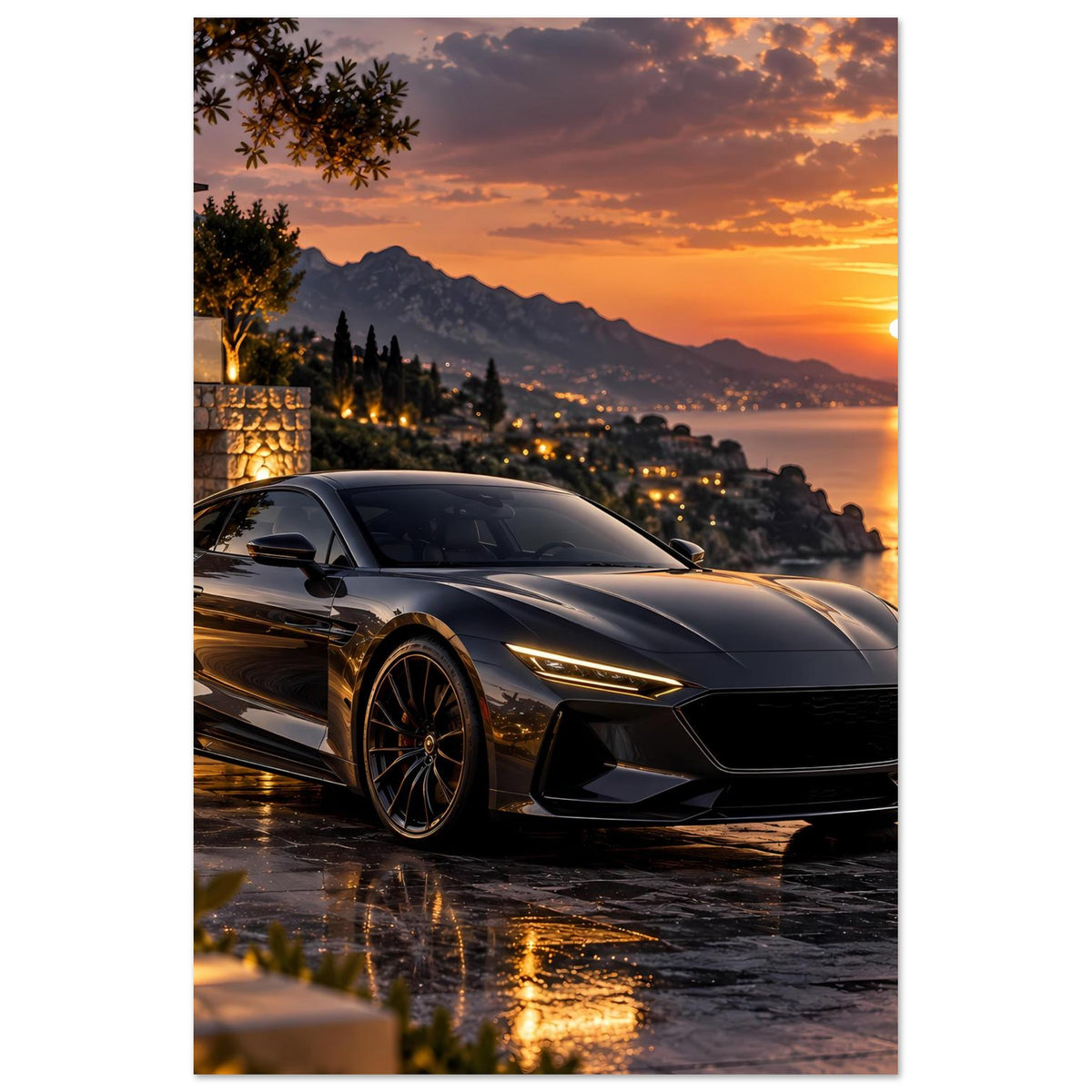 Poster im Hochformat mit Sportwagen bei Sonnenuntergang, angeschnittene Front, dunkle Optik