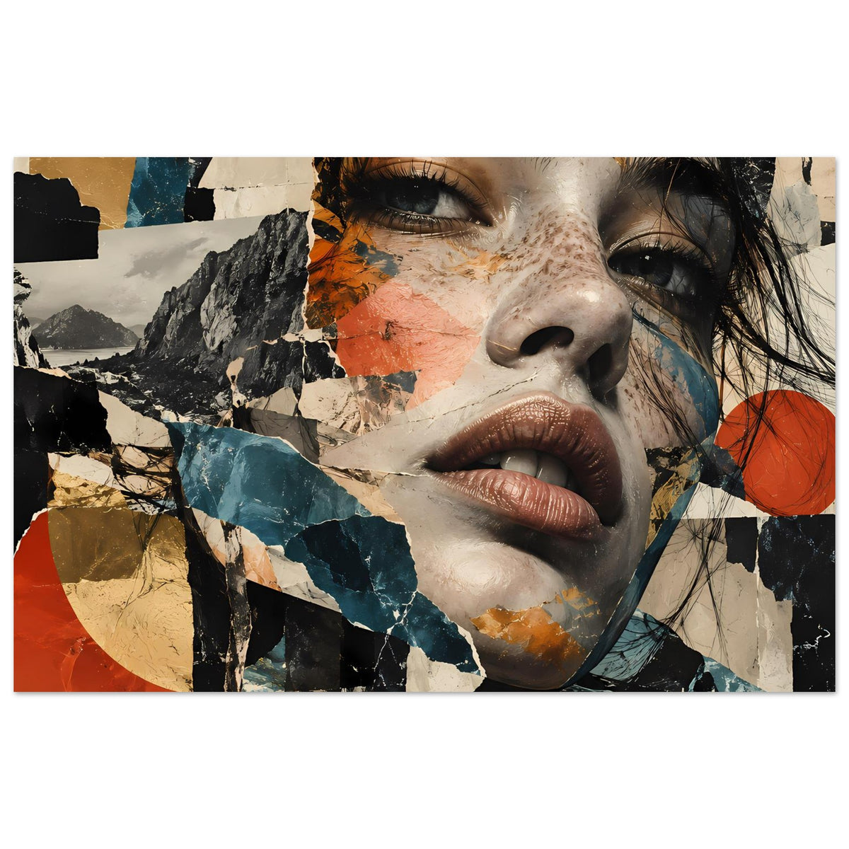 Querformat-Poster: abstraktes Collage-Porträt einer Frau mit Terrakotta- und Blauflächen.