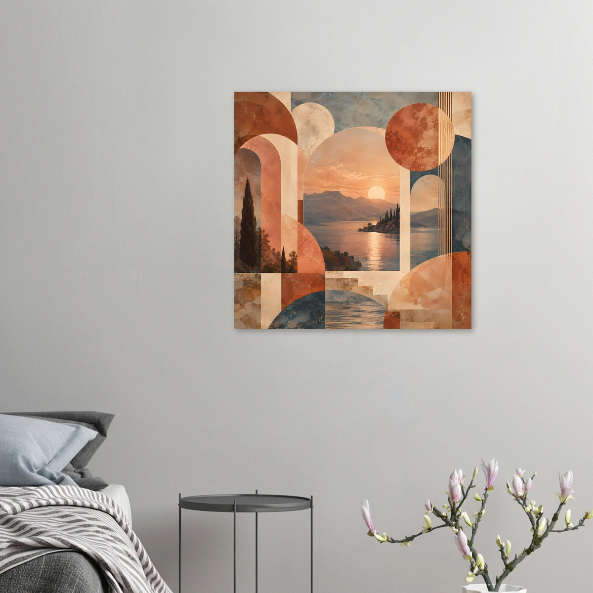 Kleines abstraktes Poster: Sonnenuntergang-Landschaft in warmen Erdtönen mit Bögen