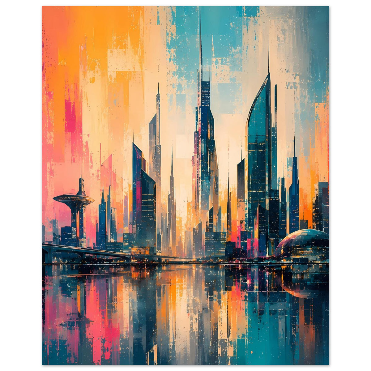 Stadtposter im Hochformat: futuristische Gebäude, große Kuppel und Reflexion im Wasser