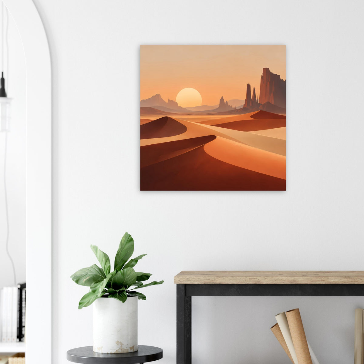 Quadratisches Poster mit Wüste bei Sonnenuntergang in Orange und Sand, gerahmtes Motiv