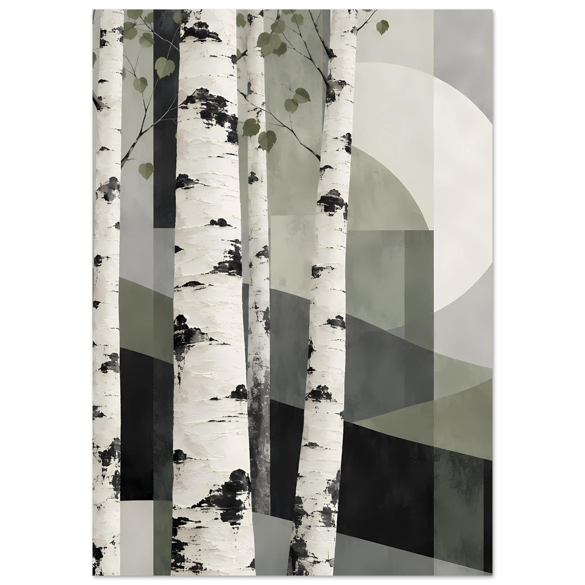 Naturposter mit Birkenwald-Muster, weiße Baumstämme, feine Spritzer und grüne Blattzweige