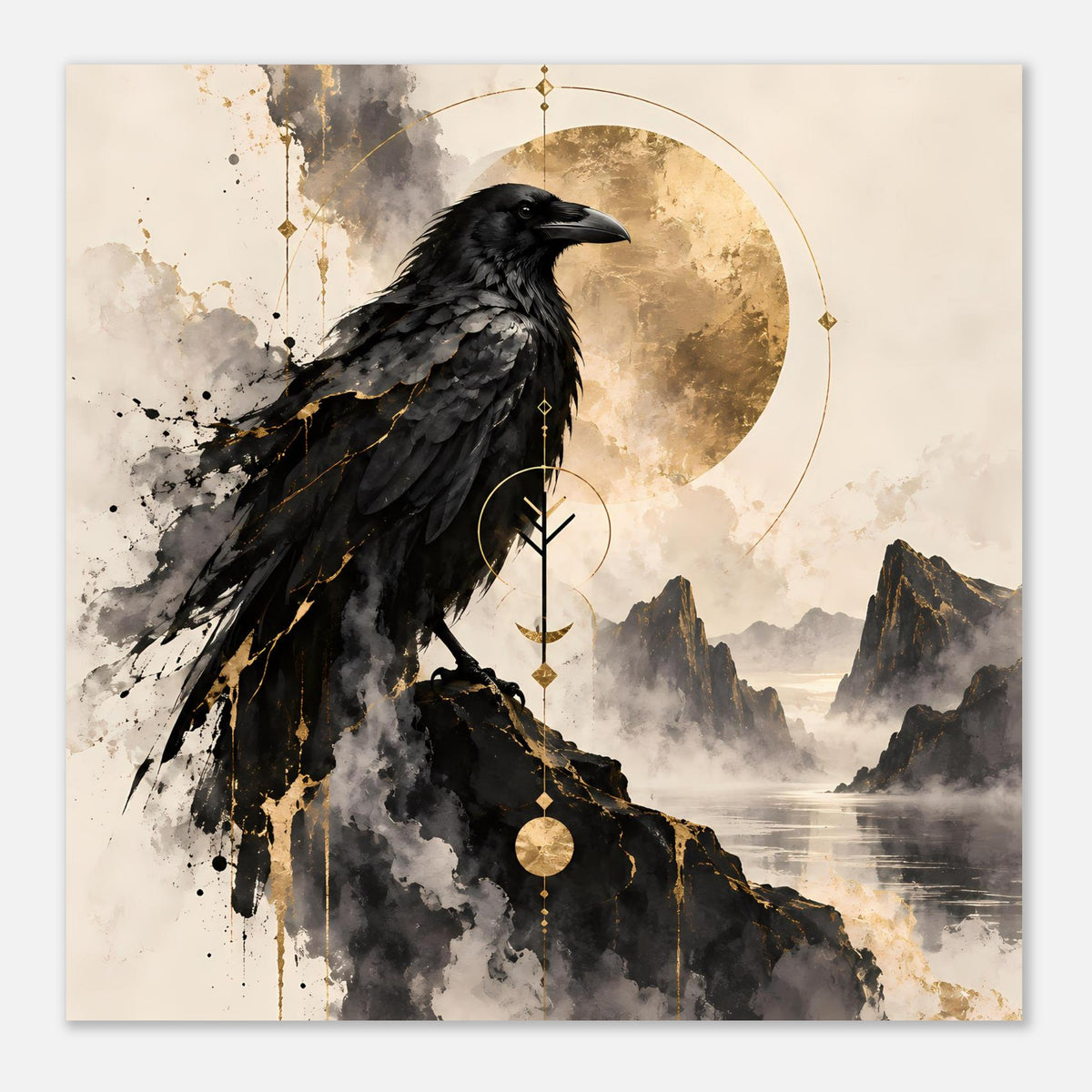 Schwarzer Rabe und goldener Mondkreis, Vogelkunst-Poster mit Bergkulisse und Wassernebel
