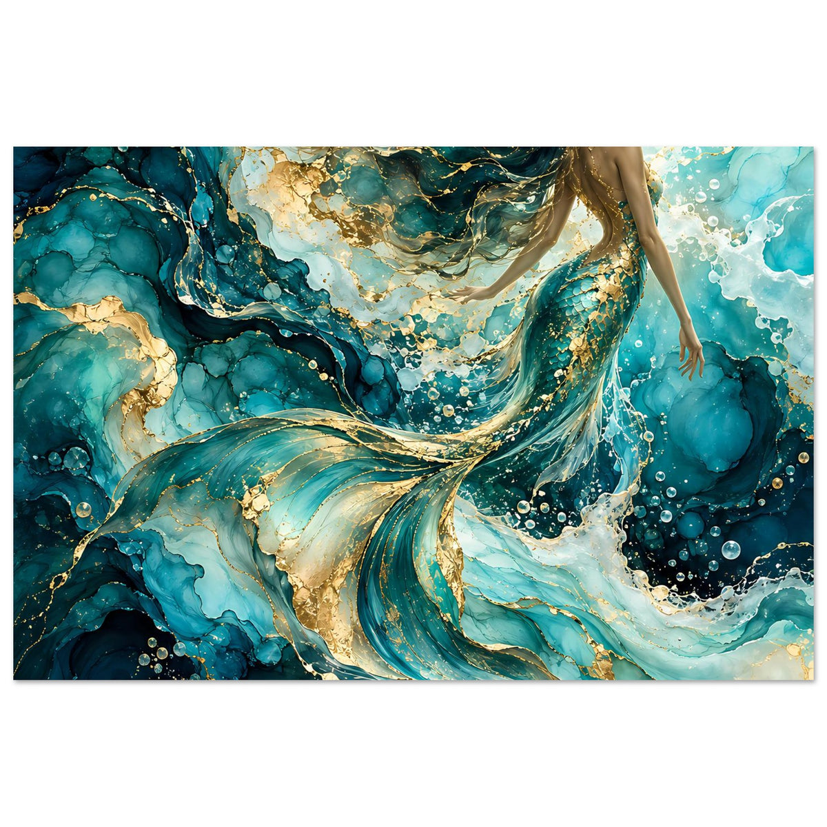 Kunstposter Meerjungfrau-Illustration, türkisblaues Meer mit glitzernden Blasen und goldenen Details