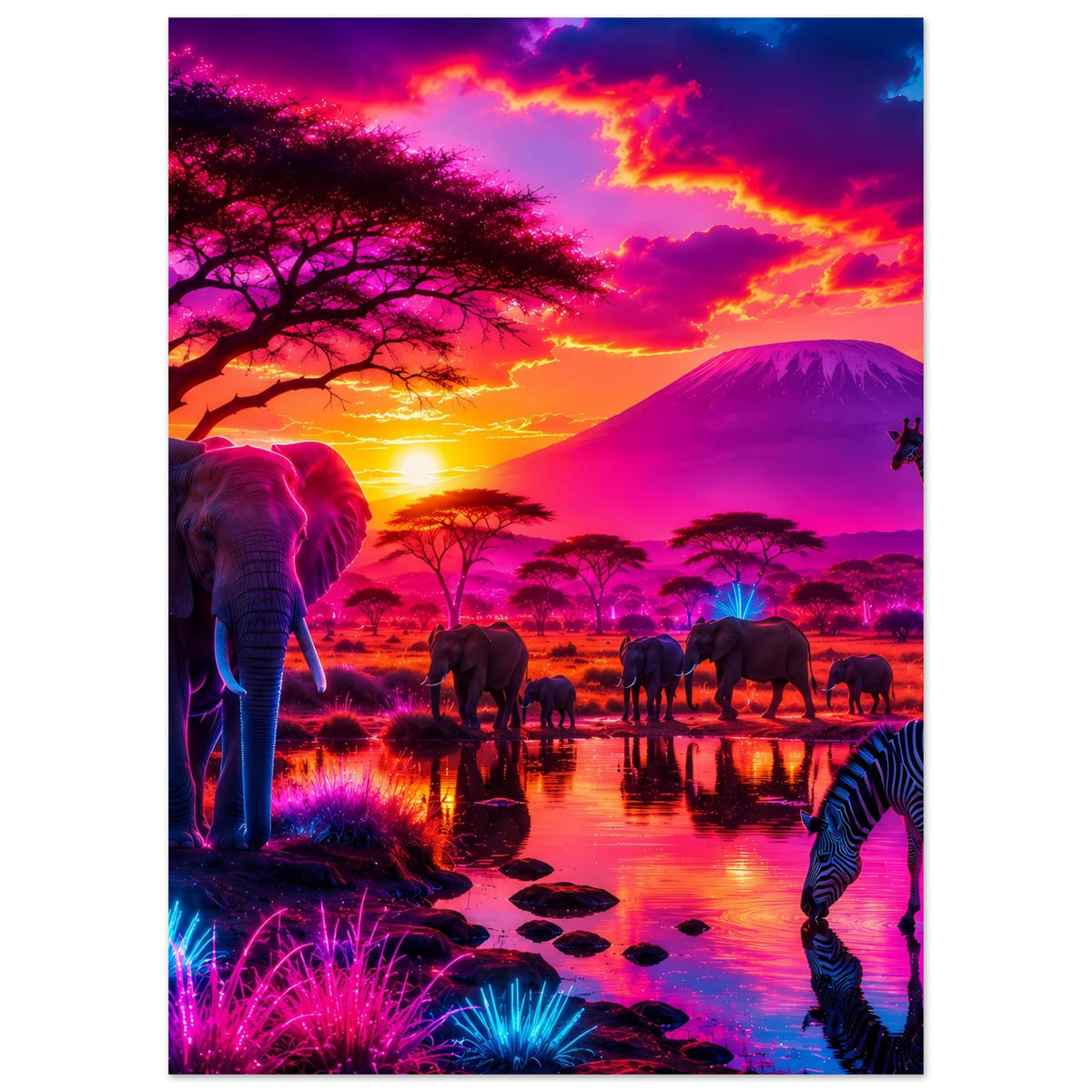 Neon-Safariposter mit Elefant vorn, Elefantenherde und Giraffe, Zebras am Rand.