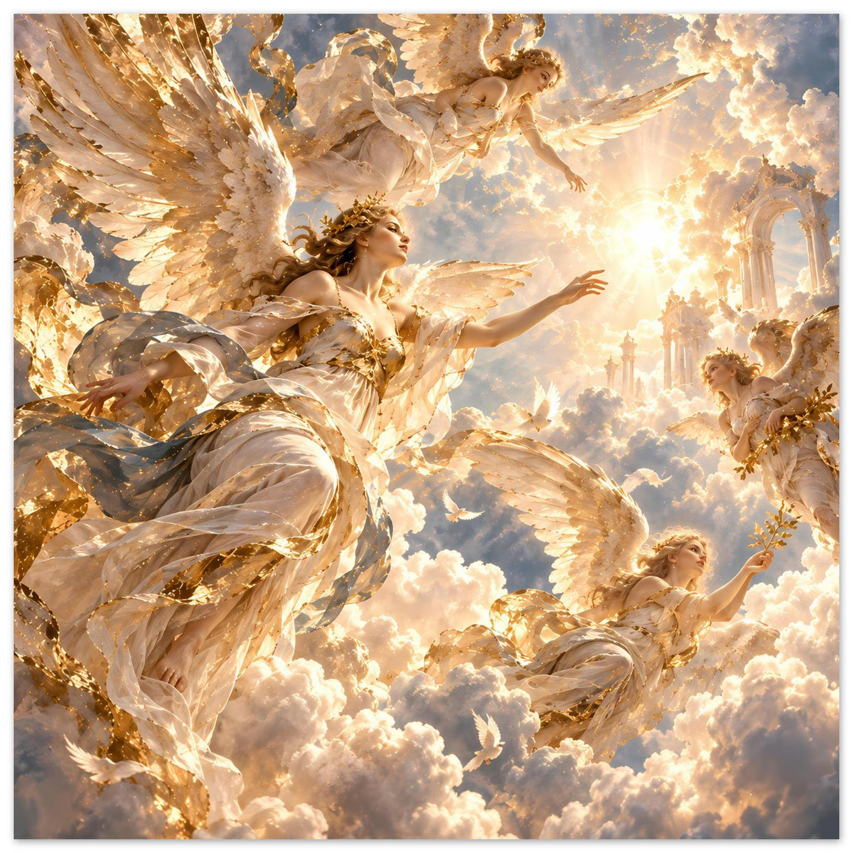 Engelbild auf Premium-Mattposter im Querformat, goldene Flügel, Wolken und leuchtende Sonne