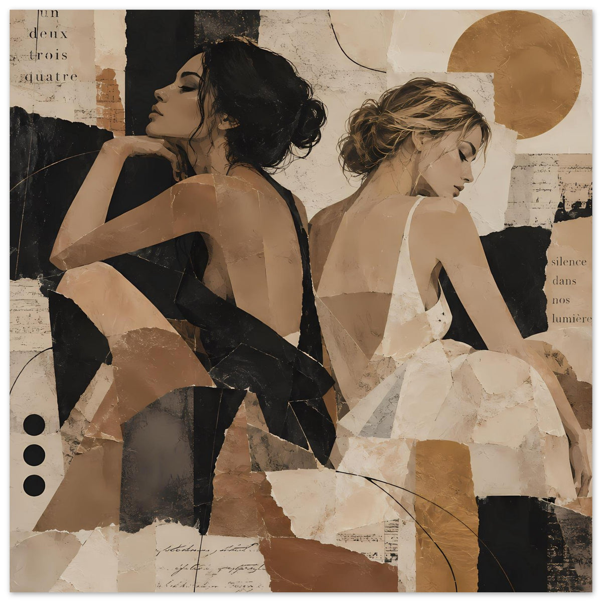 Collage-Poster: zwei Frauen im Profil, schwarze und beigerfarbene Figur in warmen Erdtönen