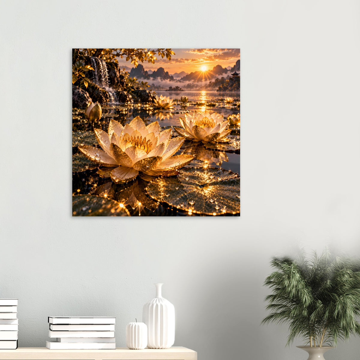 Quadratisches Poster mit goldener Lotusblüte, Sonnenuntergang und Lichterfunken am Ufer