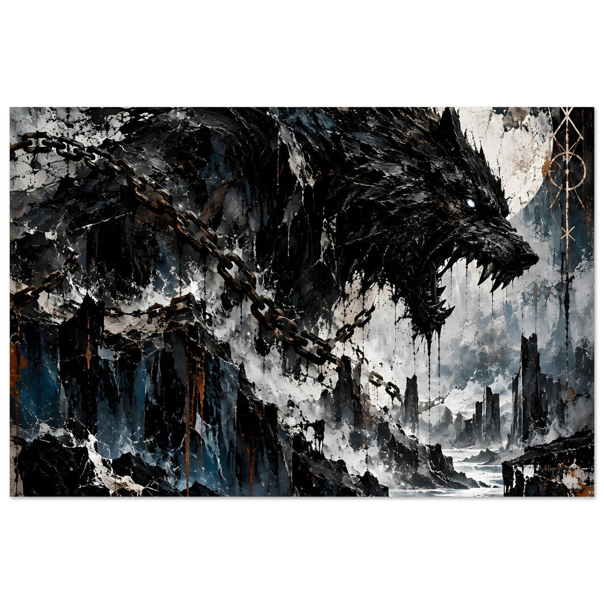 Horizontales Wolfsplakat mit Ketten und schattenhaftem Wolfskopf, Blau-Grau-Akzente
