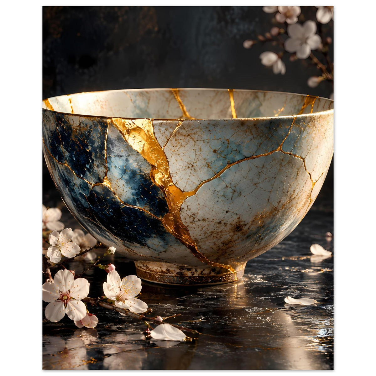 Poster mit Kintsugi-Schale, Goldrissen und Blüten