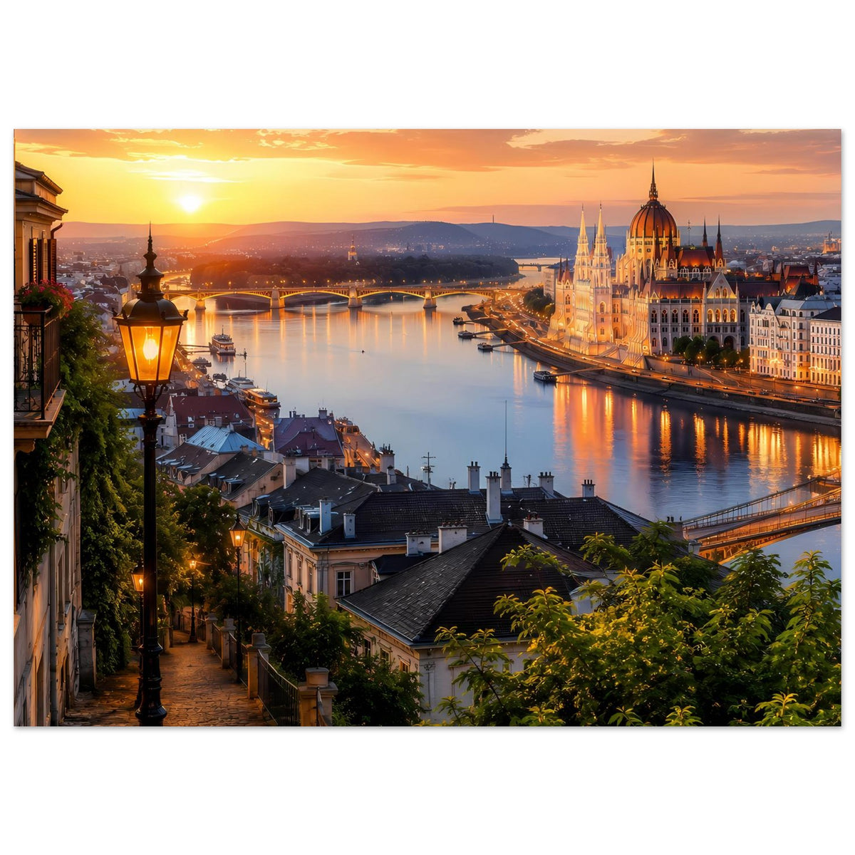 Querformat-Poster mit Laterne im Vordergrund, Sonnenuntergang über dem Fluss und Kathedrale