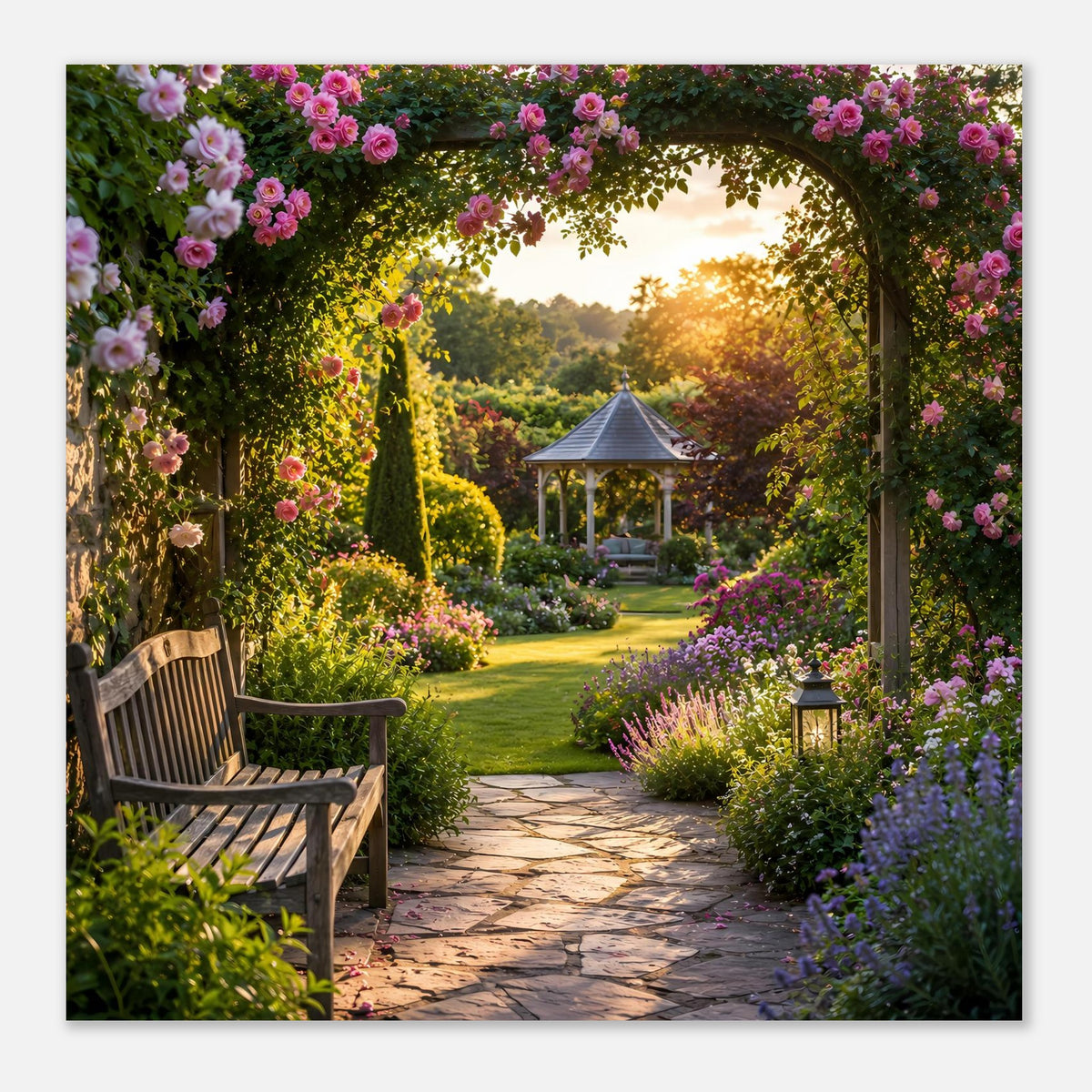 Gartenposter mit floralem Torbogen, Gartenweg, Holzbank links und beleuchteter Laterne