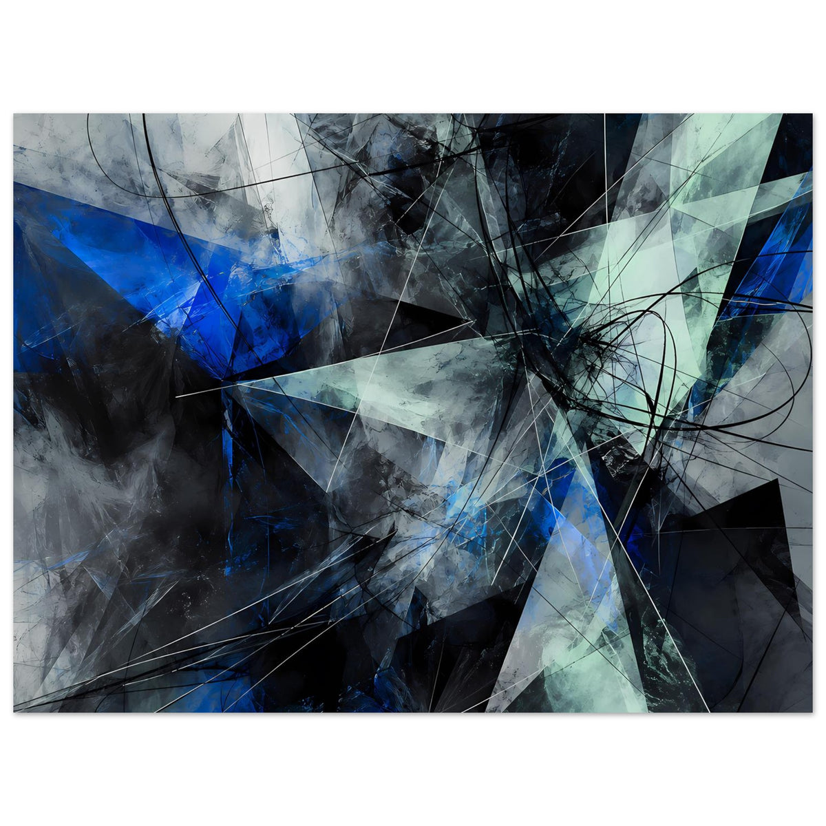 Abstraktes geometrisches Poster mit kontrastreichem Blau, Türkis und Grau sowie schwarzen Strukturen
