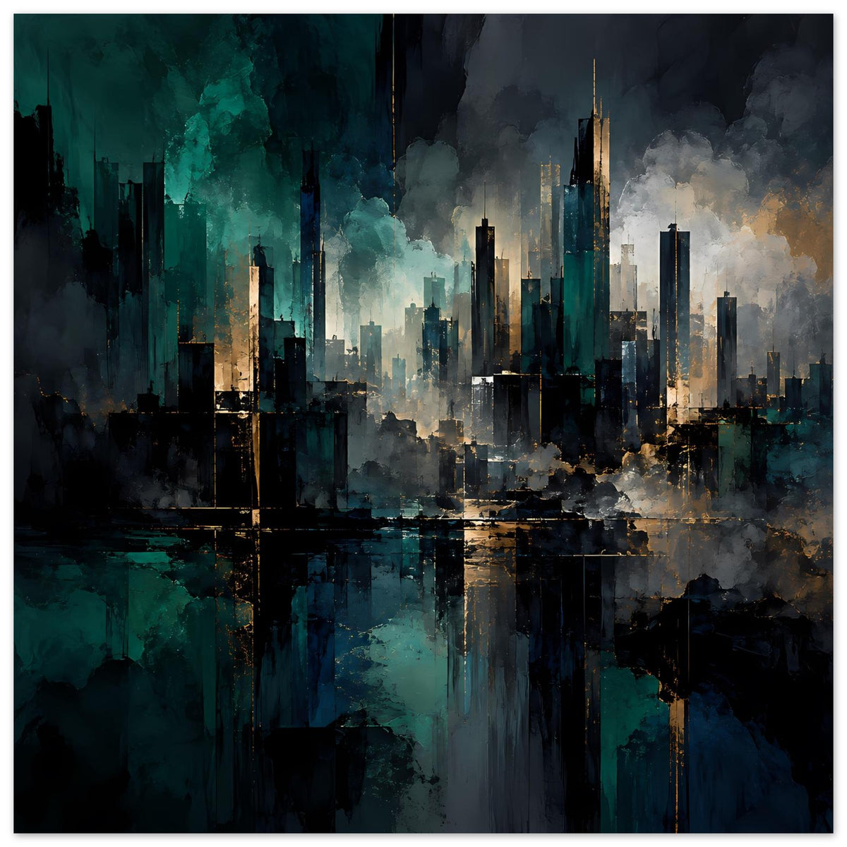 Abstraktes Skyline-Stadtposter mit türkis-blauen Farbschichten, goldenen Akzenten und Spiegelung
