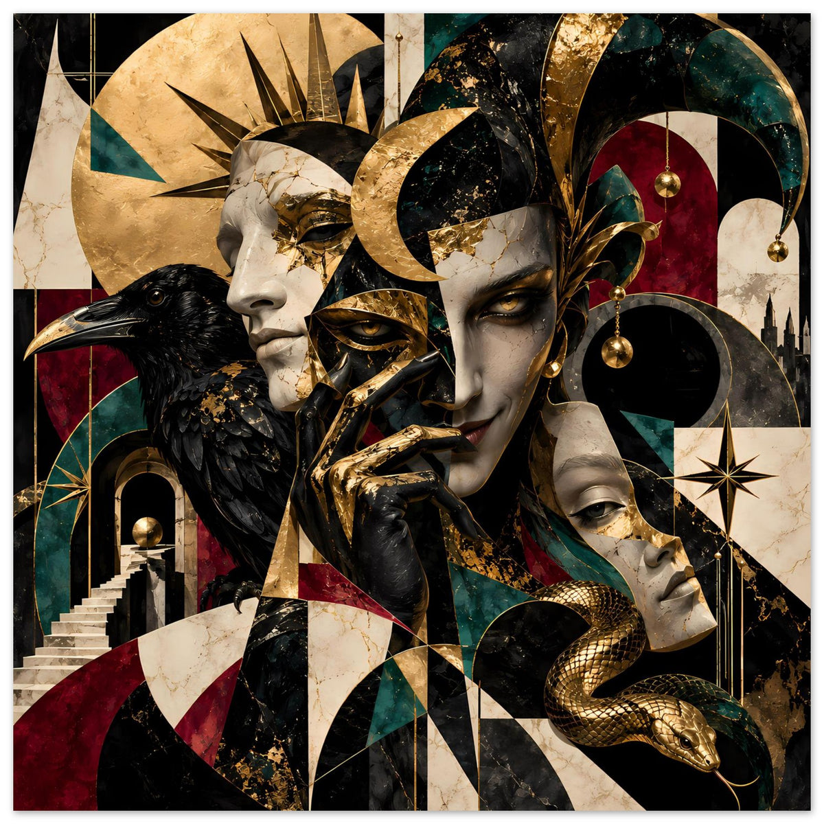 Kunstposter mit Goldakzenten: maskierte Gesichter mit goldenen Ornamenten, schwarzer Vogel, goldene Schlange