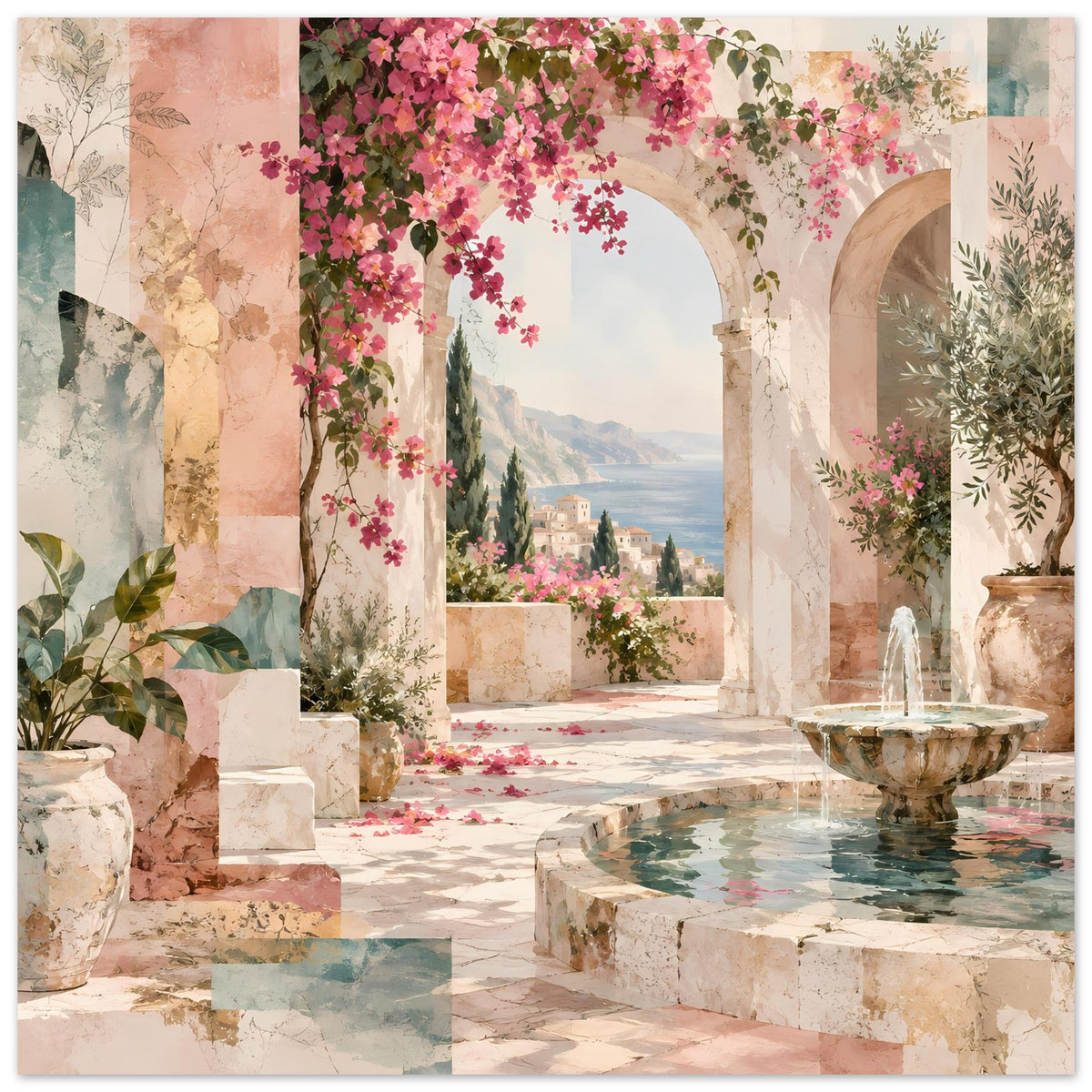 Kunstposter: mediterrane Terrasse mit rosa Blüten, Arkaden und Brunnenbecken im Vordergrund.