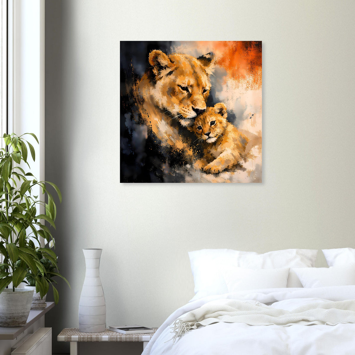 Wandposter mit Löwin und Junglöwin, warme Orange- und dunkle Blautöne, schwarzer Rahmen