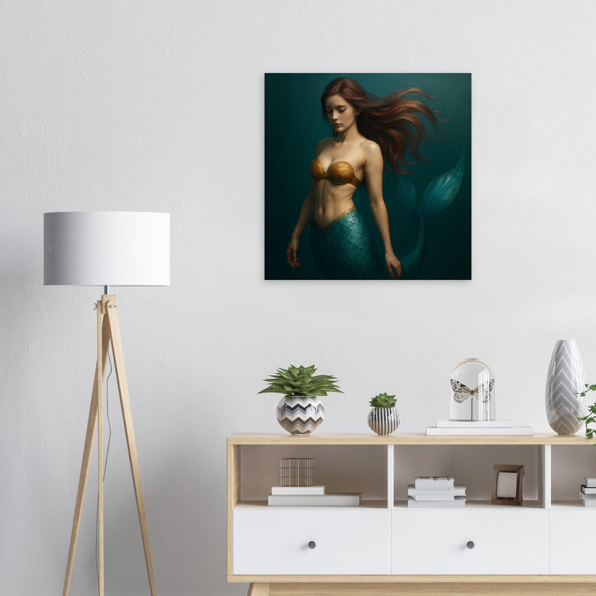 Quadratischer Wanddruck: Meerjungfrau mit langem rotem Haar, Teal-Schuppenrock