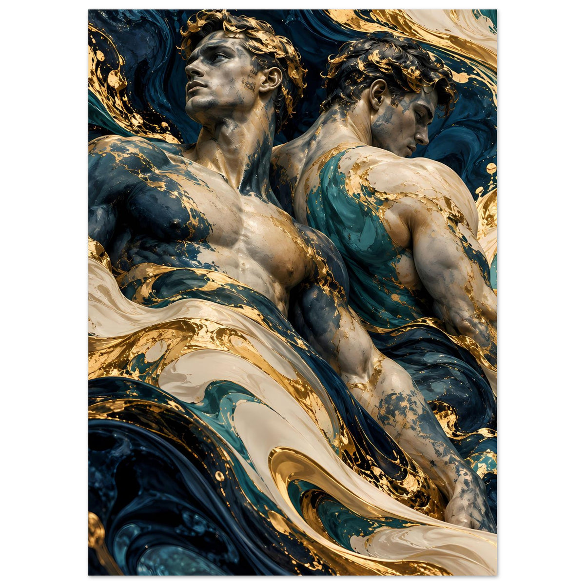Kunstposter, zentrierter Ausschnitt der Aktfiguren mit Blau-, Creme- und Goldwirbeln
