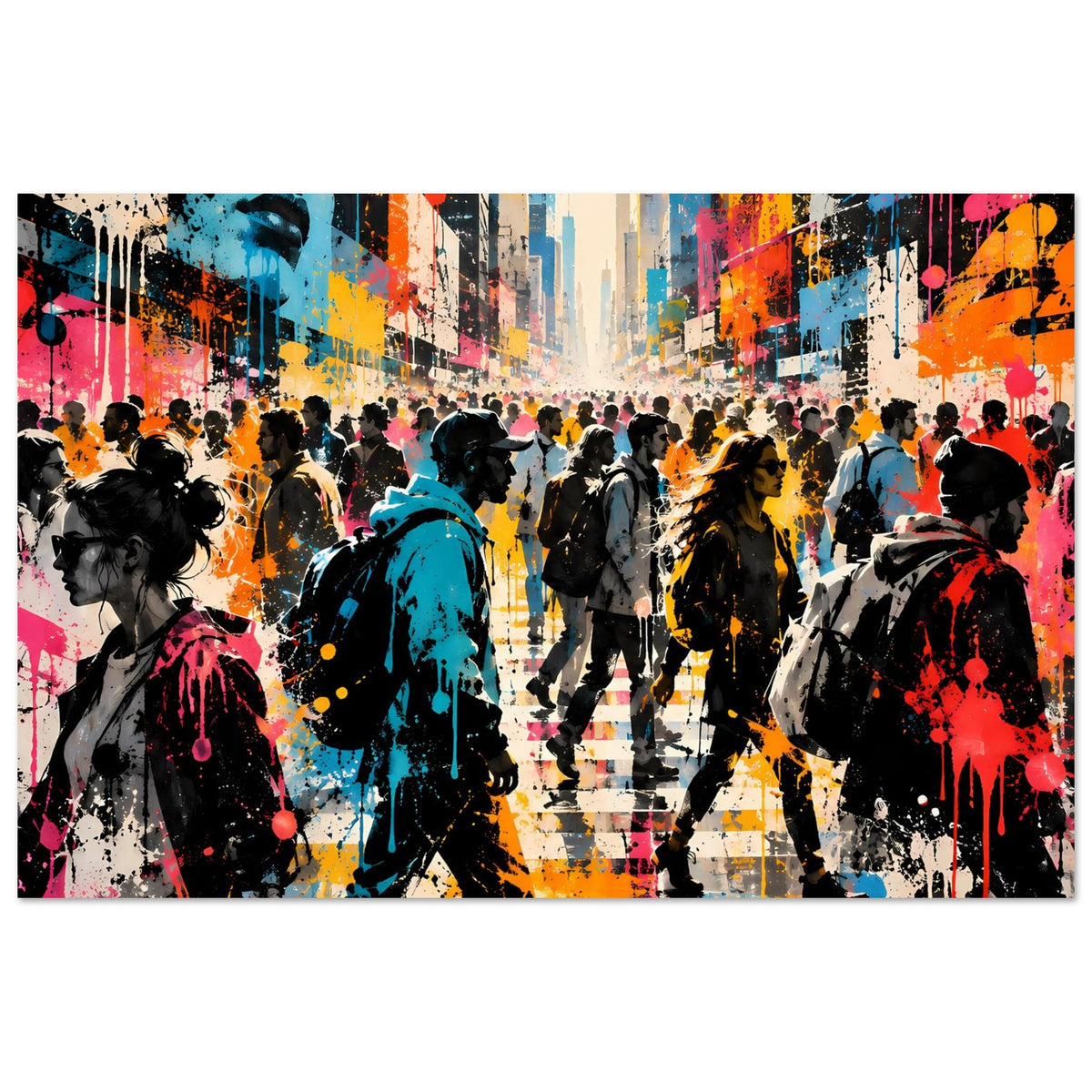 Streetart-Poster im Querformat: urbane Szene mit Gehweg, Menschen und farbigen Spritzern