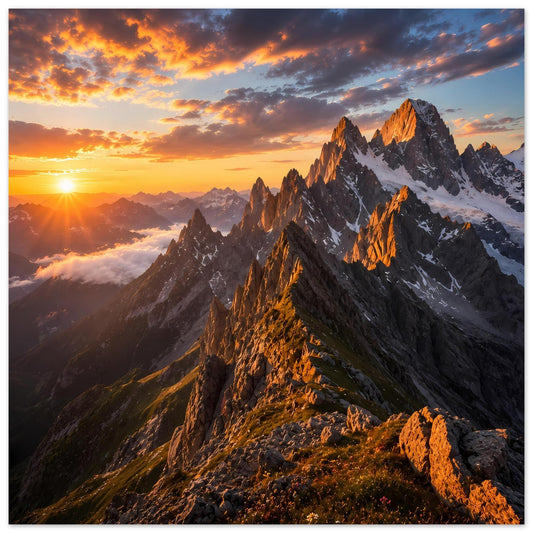 Poster mit Berggipfeln im Abendlicht, orangefarbenes Sonnenlicht links