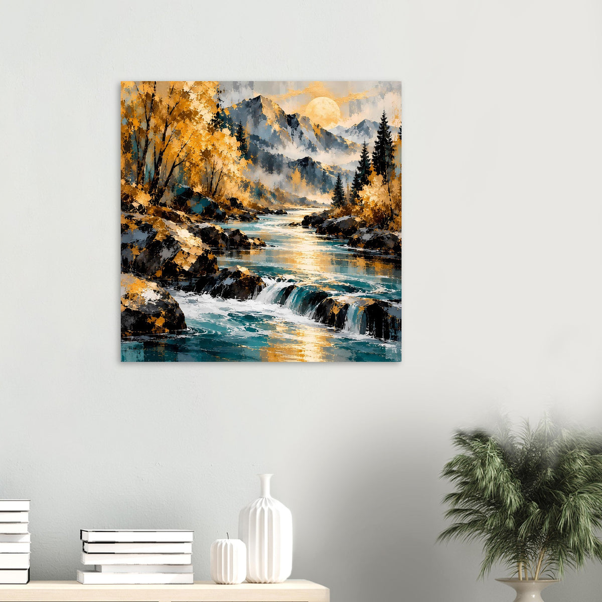 Herbstlandschaft-Poster mit Fluss, Wasserfällen, Bergen und gelben Bäumen