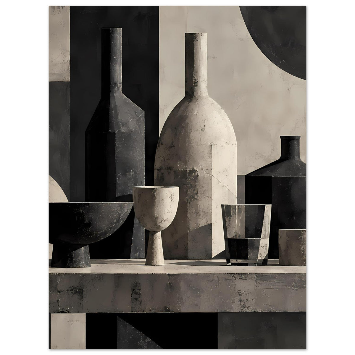 Poster, geometrische Schwarzweiß-Stillleben-Komposition: Flaschen, Becher und Schalen