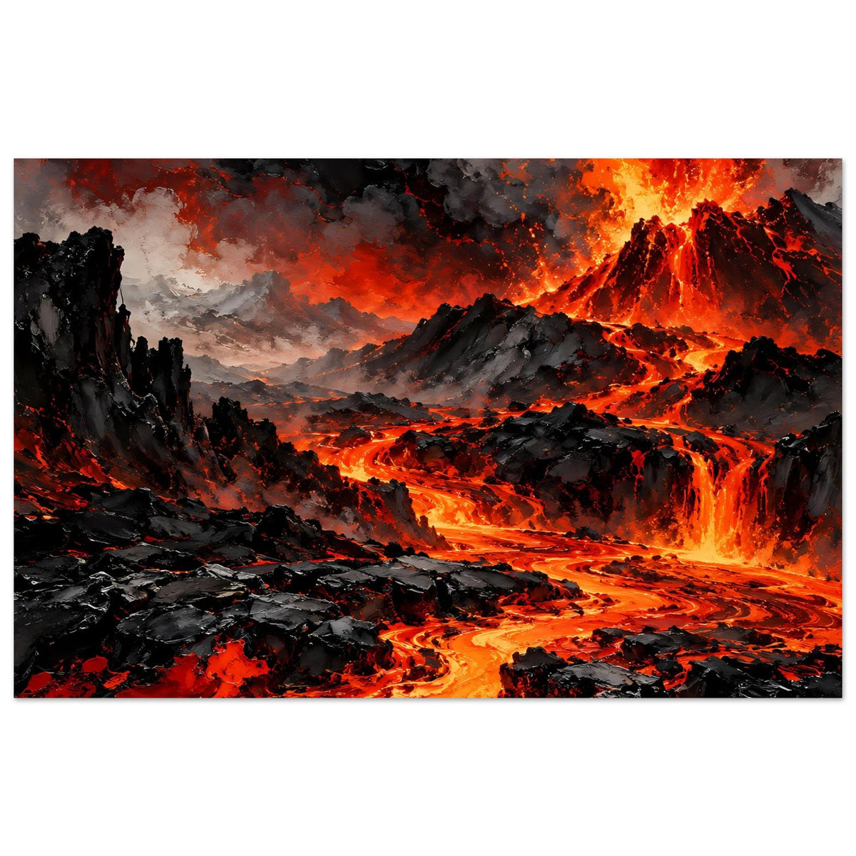 Querformat-Poster mit Vulkanlandschaft, rote Lava über dunklen Geröllhängen