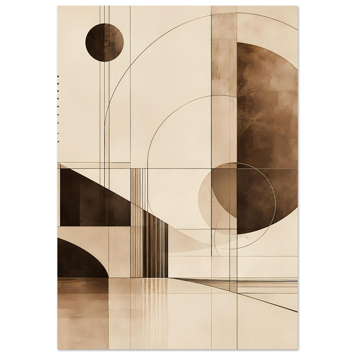 Geometrischer Kunstdruck mit großen Kreisen, Rasterlinien und streifigen Akzenten.
