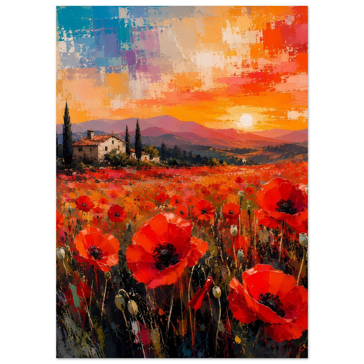 Hochformat-Poster: rotes Mohnfeld mit Sonnenuntergang, Zypressen und Häusern in der Ferne