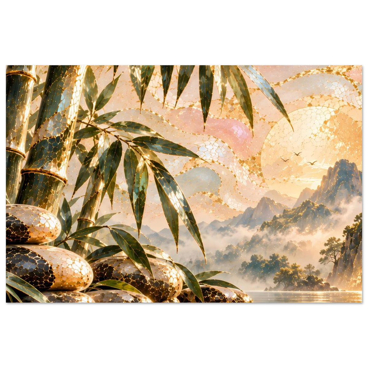 Poster mit Bambus und goldenen Steinen am Wasser, dahinter Berge im Nebel