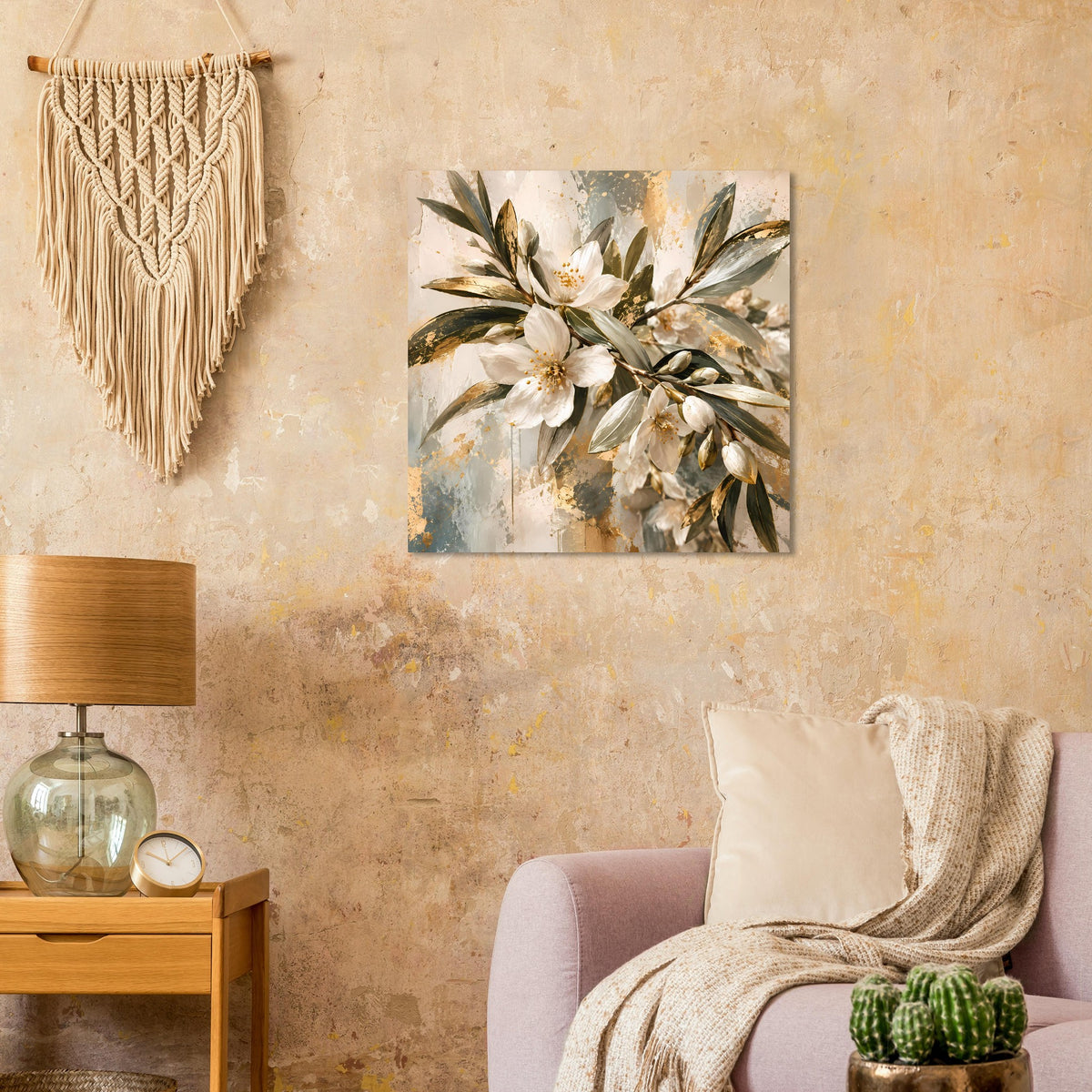 Quadratisches Wandbild: weiße Blüten mit goldenen Zweigen und olivgrünen Blättern