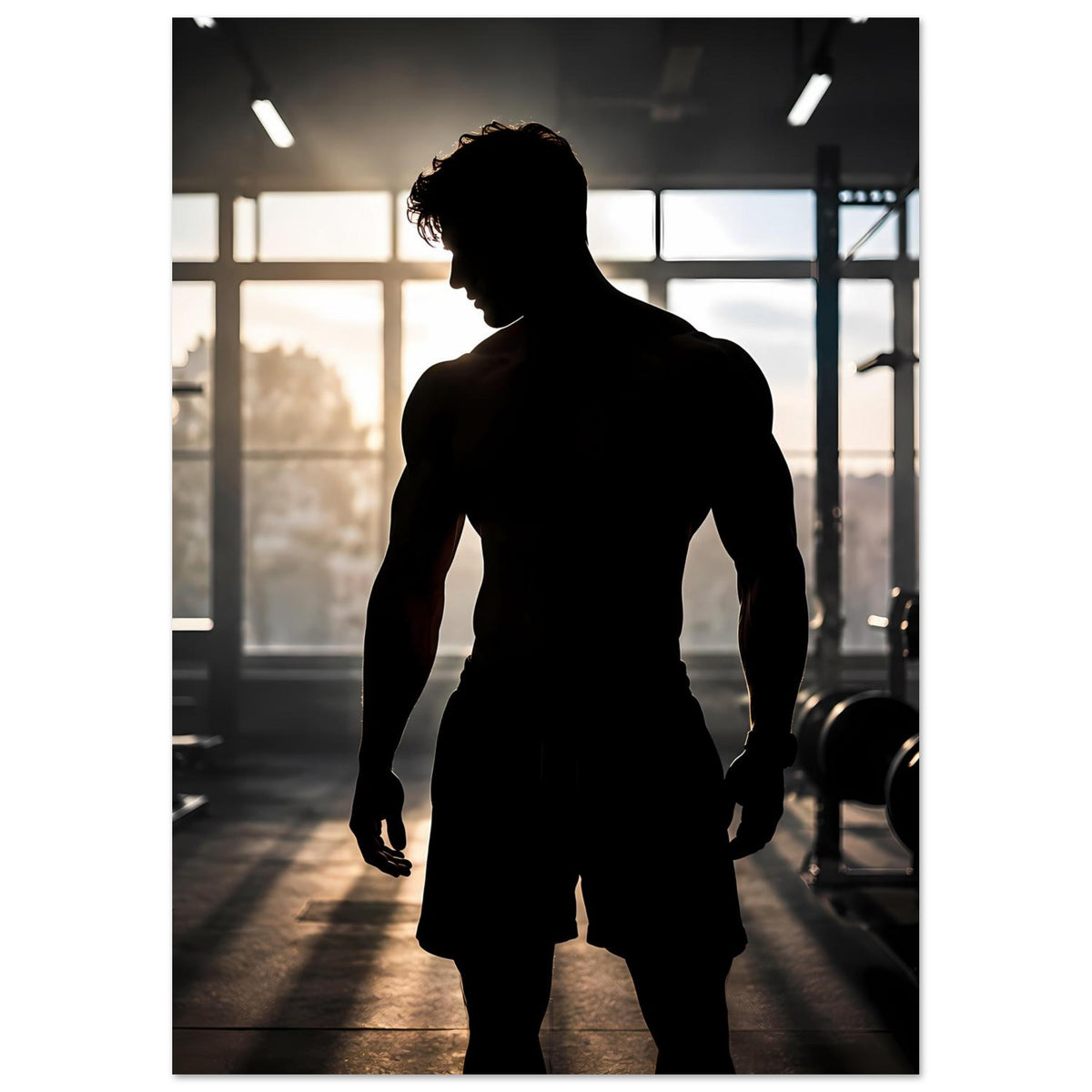 Fitness-Poster mit männlicher Silhouette, Ganzkörperansicht mittig