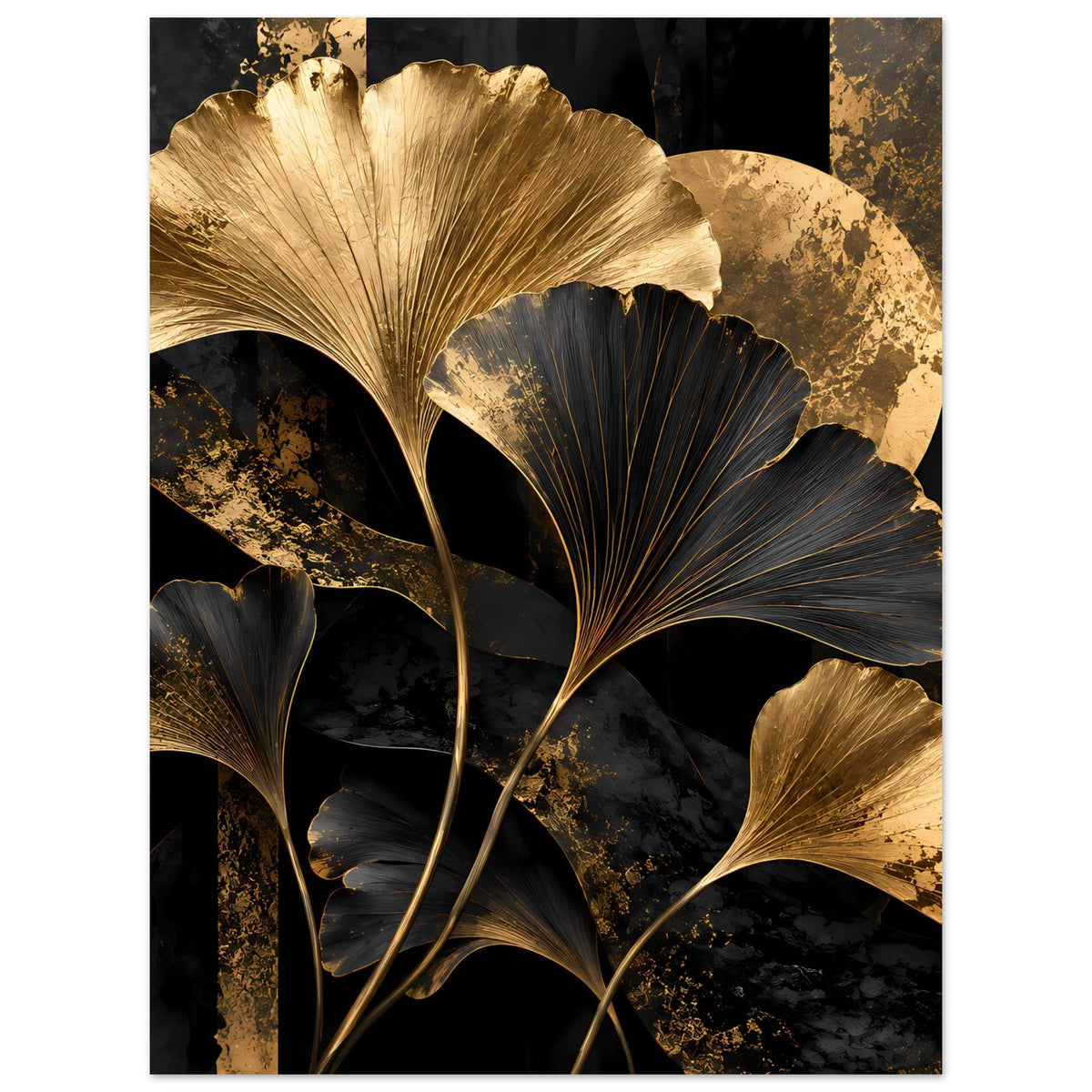Botanisches Poster im Hochformat mit goldenen und schwarzen Ginkgo-Blättern, goldene Akzente