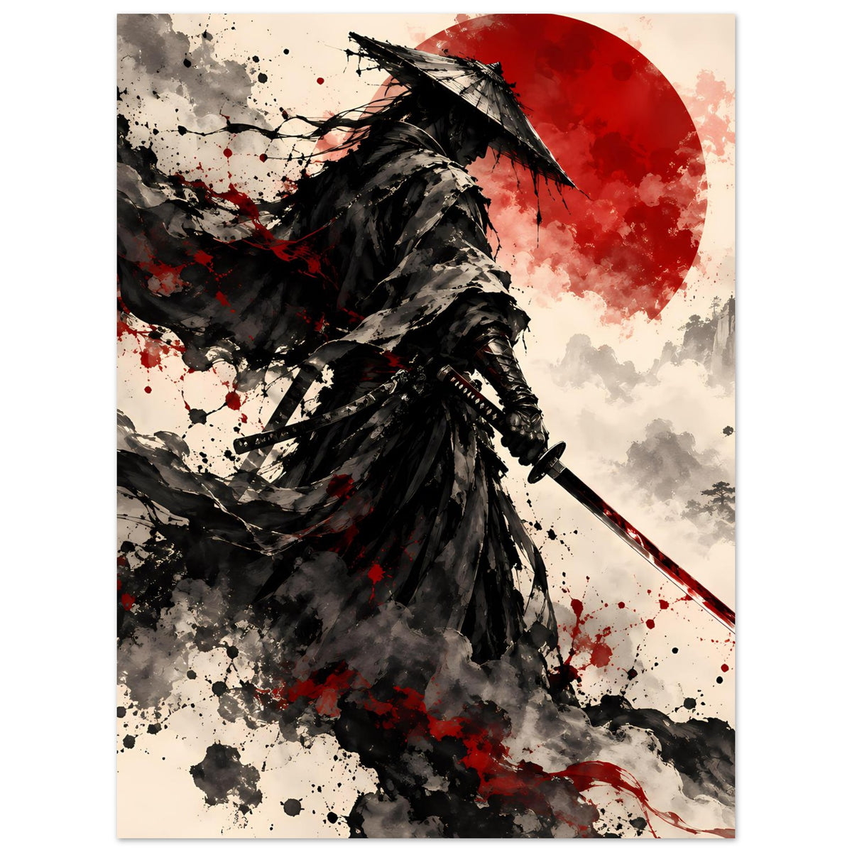 Poster: Samurai-Krieger mit Schwert, dunkles Gewand; roter Sonnenkreis und Farbflächen