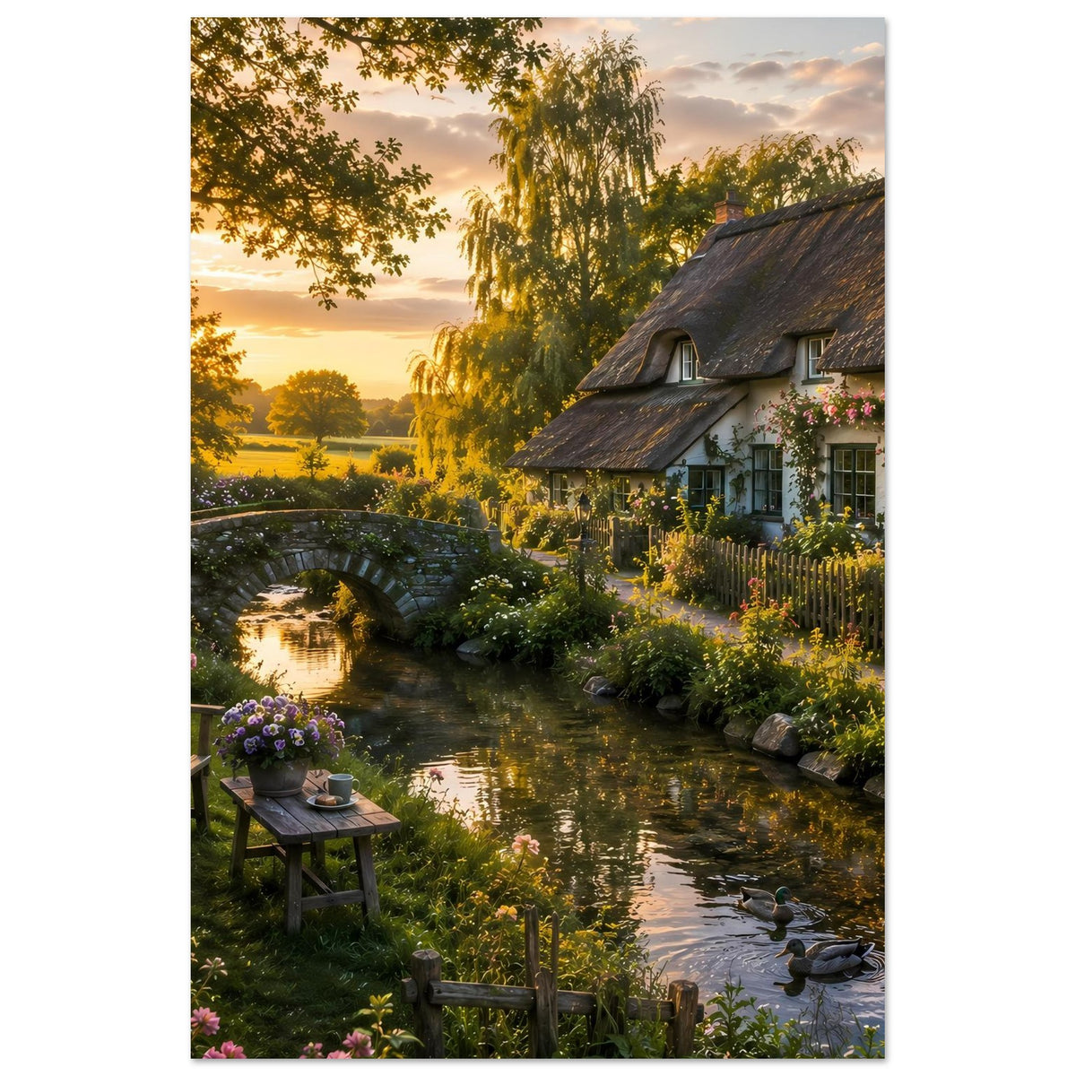 Poster mit Bach und Steinbogenbrücke, Landhaus mit Reetdach, Blumenrabatten und Gartensitzbank