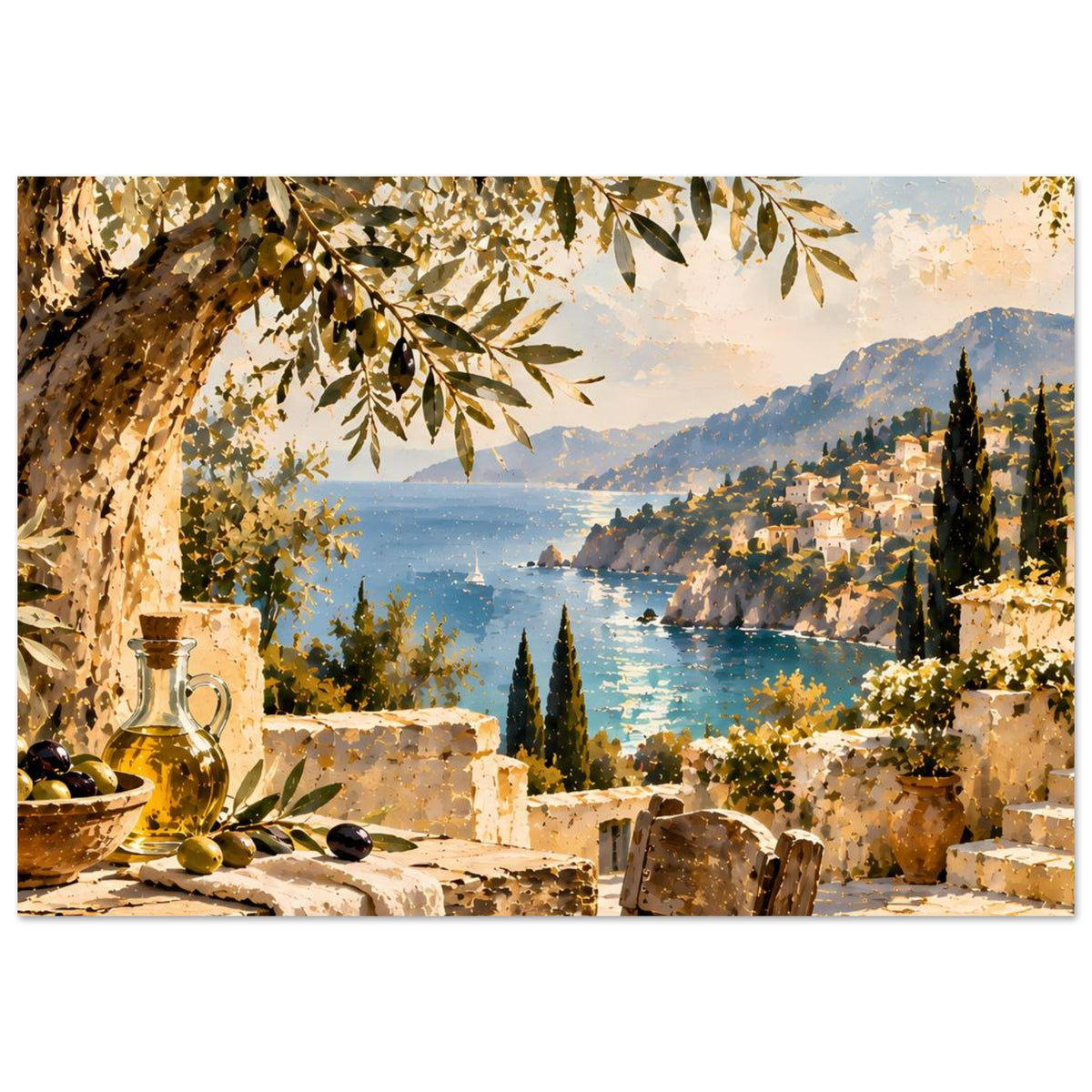 Horizontales Poster mit mediterraner Küste: Olivenzweig, Meer, Berge, Steinterrasse und Flasche
