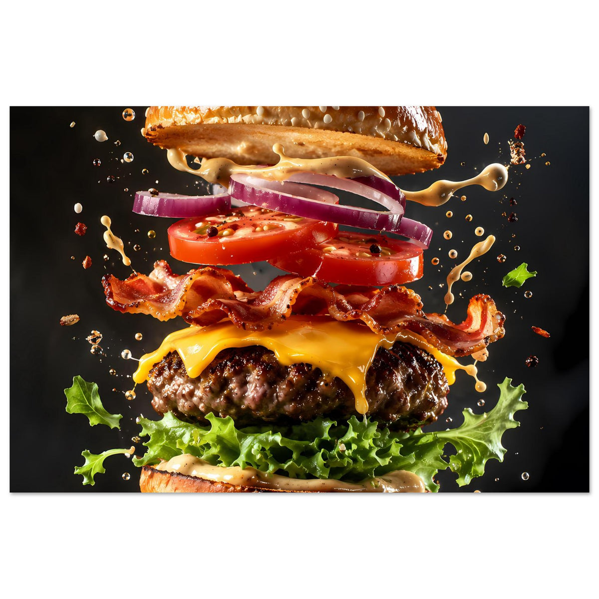 Burger-Poster mit Explosionseffekt: Käse und Bacon, Tomate, rote Zwiebel und Salat im Fokus