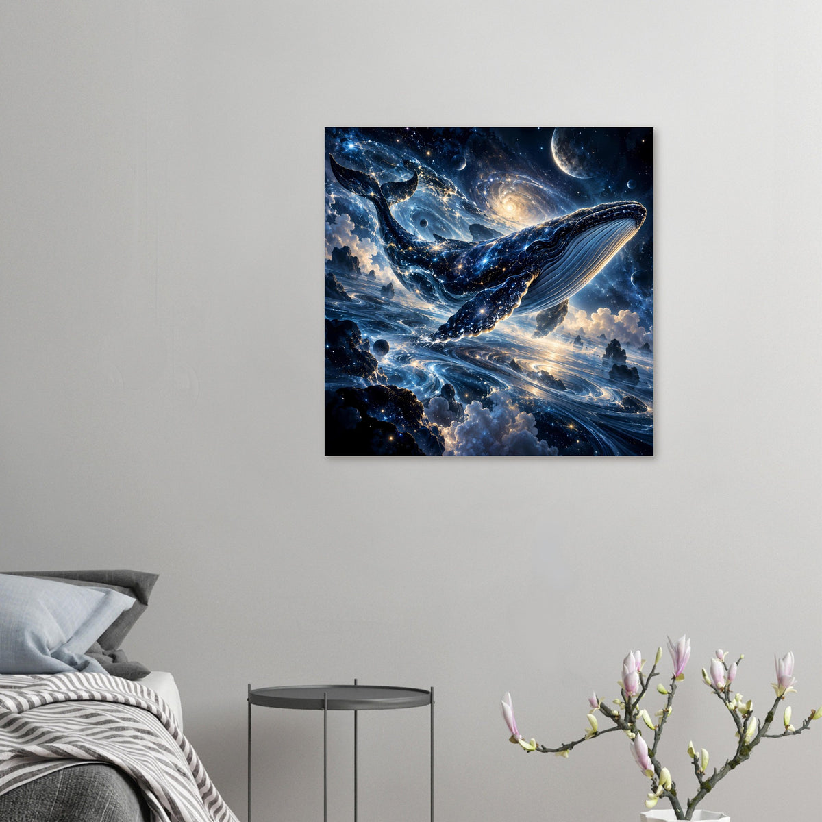 Quadratisches Poster im Rahmen: galaktischer Wal im Sternenmeer mit Planeten