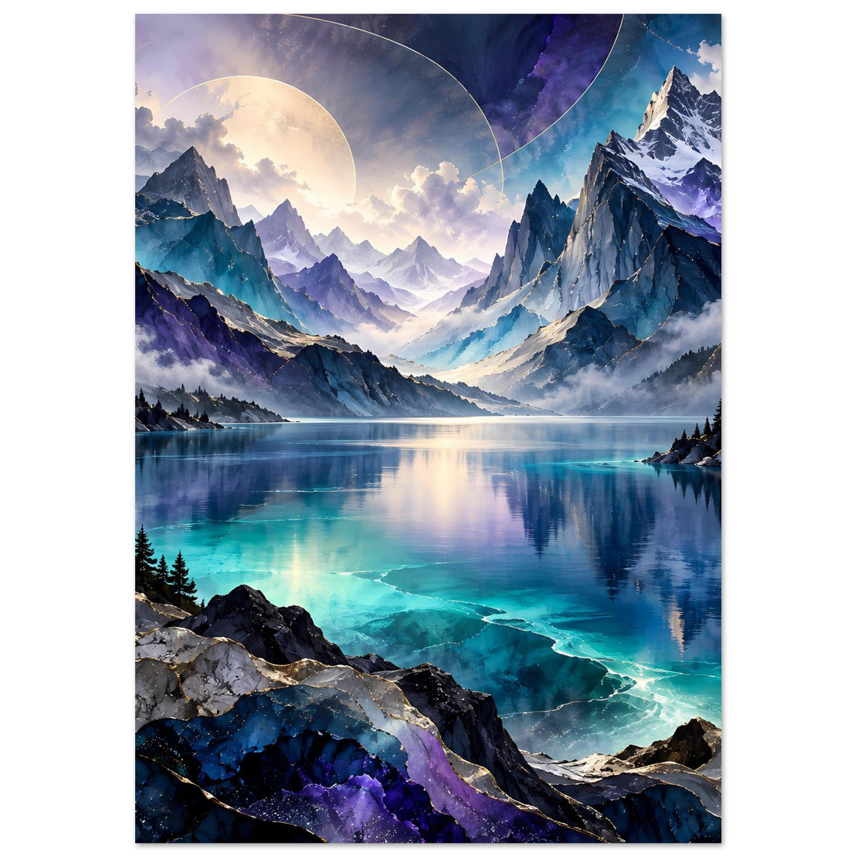 Bergsee-Poster, vertikal: runder Mond im Himmel, spiegelnder See, türkis leuchtende Strömung